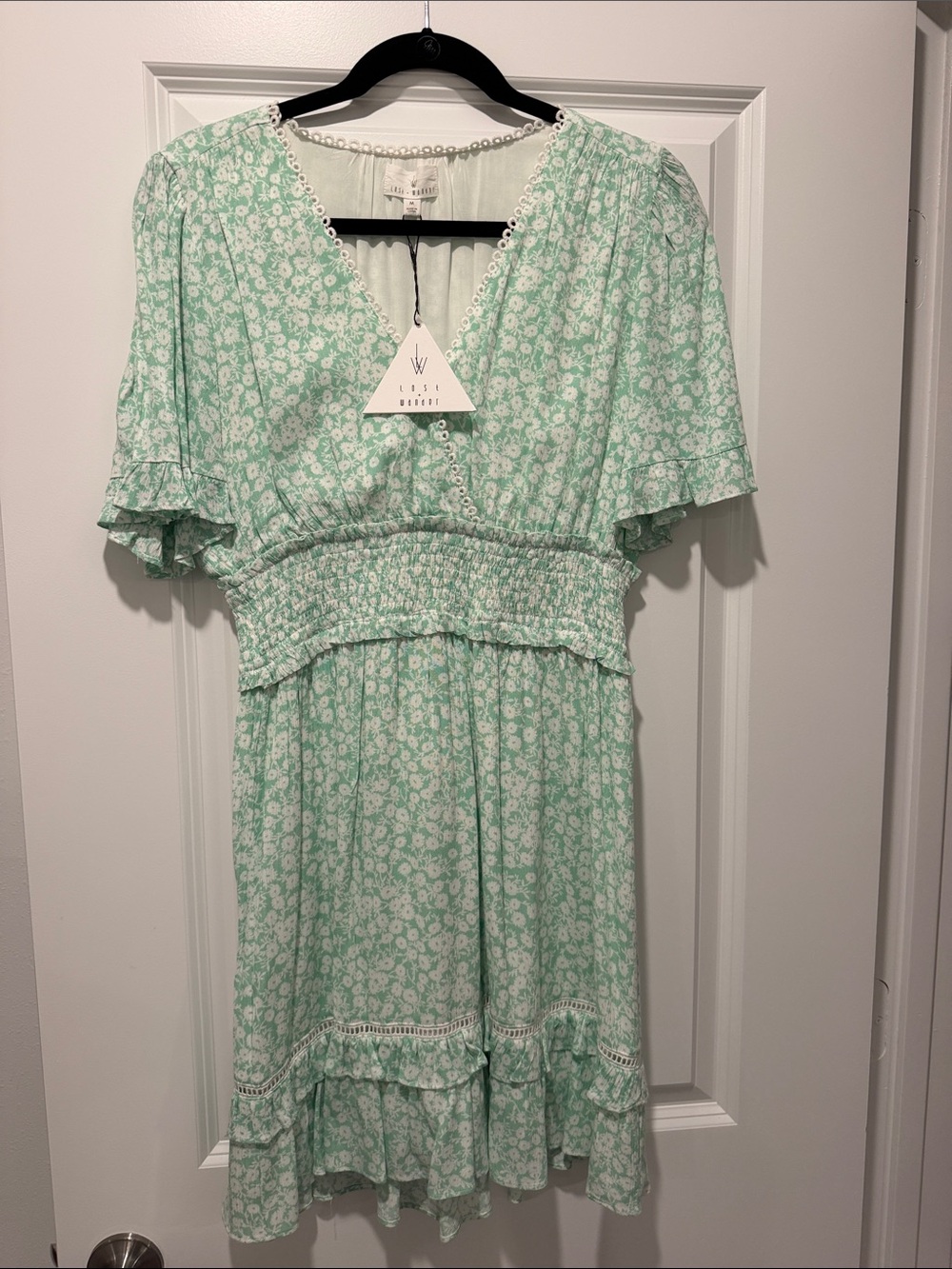 Lost & Wander , Mint Floral Smocked Waist V-Neck Dress